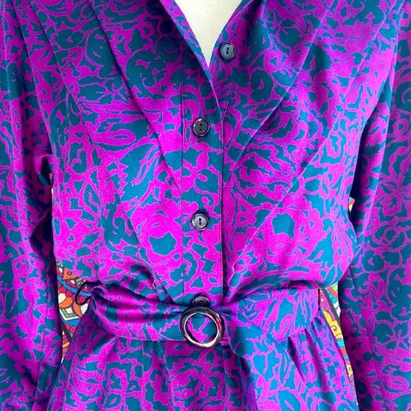 Vintage 1970s Purple & Green Patterned Long Sleeved Dress Sz 10 - Picture 7 of 11